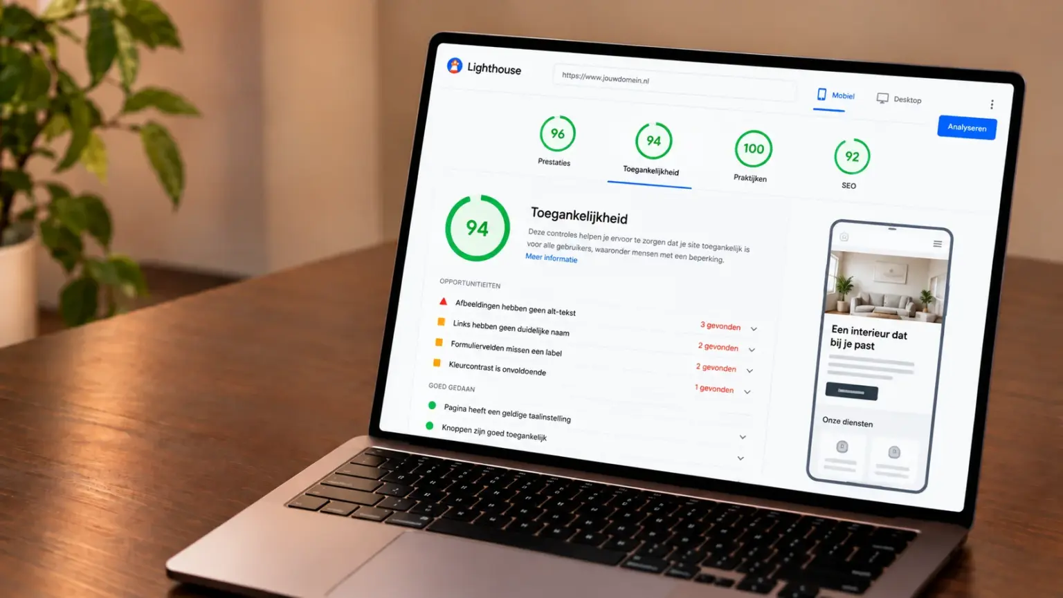 Toegankelijkheidscheck van een website, getoond op een laptop